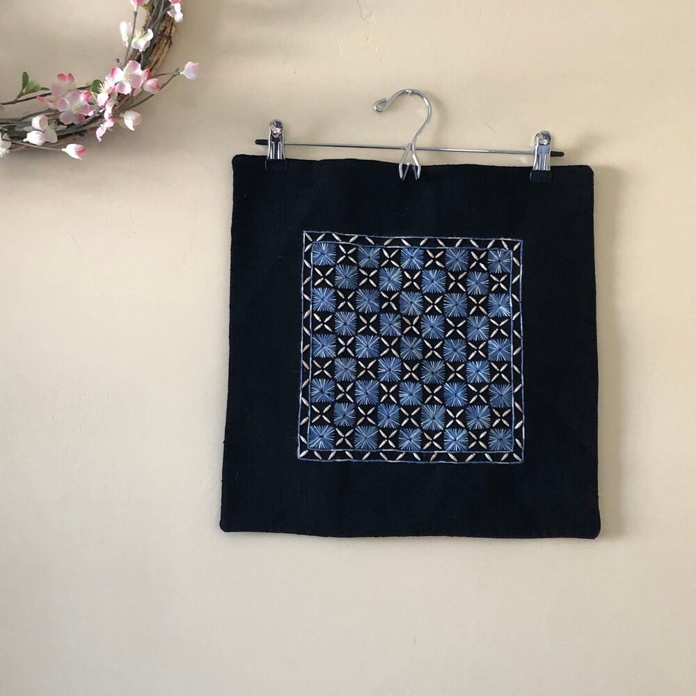 Handmade Sham Embroider Pillow Black Size 16" x 16"